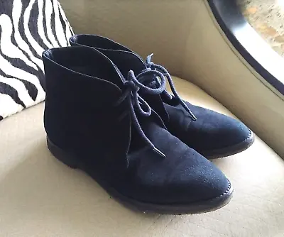 Manolo Blahnik Chelsea Navy Blue Ankle Boot Suede Rubbery Grip Soles Laceup 38.5 • $149.99