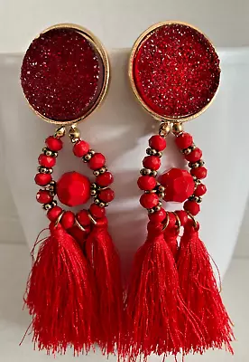Zara Red  Beaded Tassel  Detail Drop  Earrings • £4.99