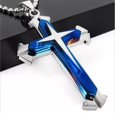 £5.79 • Buy Mens Chain Necklace Blue Silver Cross Pendant Rosary Jesus Stainless Steel Love
