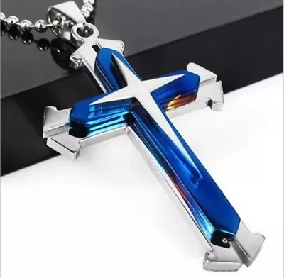 £5.79 • Buy Mens Chain Necklace Blue Silver Cross Pendant Rosary Jesus Stainless Steel Love