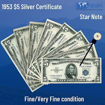 ✔ 1953 Blue Seal $5 Silver Certificate Rare Star Note F/VFOld Five Dollar Bill • $37.95
