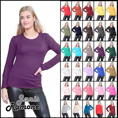 Womens Long Sleeve T-Shirt Plain Round Neck Stretchy Basic Tee Jersey Casual Top • £10.39