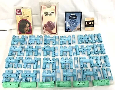 SNAP ON HAIR CURLERS LOT Vintage Rollers 1/2 1 Inch BLUE GREEN Nets Bonnets Caps • $12