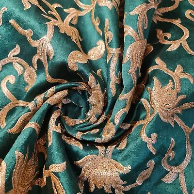 £2.99 • Buy Raw Silk Fabric Floral Gold Metallic Embroidery Dress Craft Cushion Material 44 