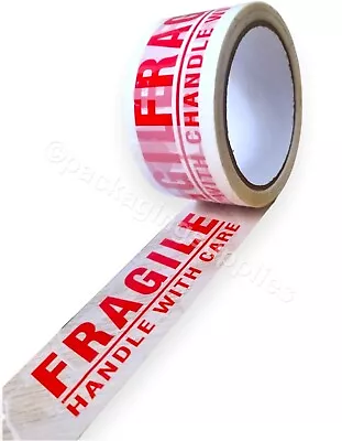 10 Rolls Handle With Care  Printed Parcel Packing Tape 48mm X 66m Carton Sealing • £10.59