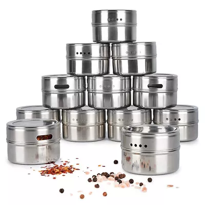 12XStainless Steel Spice Jars Bottles Airtight Salt Container Glass Pot With Lid • £10.94