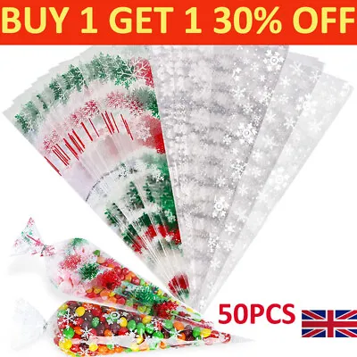 50X  Christmas Cellophane Cone Treat Sweet Bags Cello Candy Xmas Gift Storage UK • £3.59