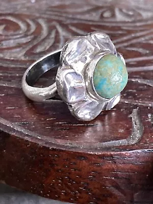 Vintage Navajo Sterling Silver Green Turquoise Flower Shaped Ring Size 3 5.4g • $18.99