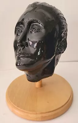 Bust Male Model Head Plaster Glazed Black On Wood Stand Base Vintage Mid-Century • $118