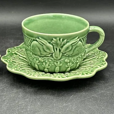 1 Bordallo Pinheiro Rabbit Bunny Carrot Cup & Saucer Set Portugal Majolica Green • $24.99