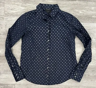 J CREW Perfect Womens Long Sleeve Button Shirt Size 12 Navy Blue Polka Dot • $16.88