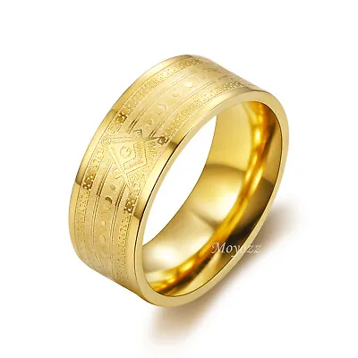 Mens Gold Freemason Mason Masonic Band Ring Stainless Steel Size 7-15 Gift • $7.99