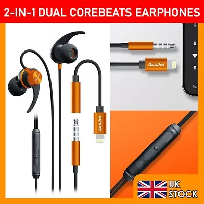 2-In-1 3.5mm GadJet Aux Earphones + 8-Pin IPhone Adapter Volume Control Gym Gift • £7.49