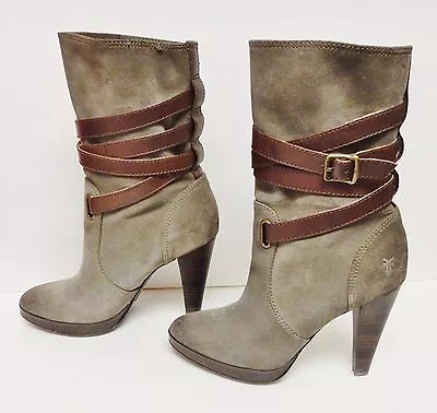 FRYE Women's HARLOW Multi Strap Boots Booties Distressed Suede Leather Gray 9 M • $118