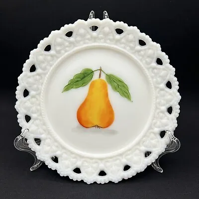 Vintage Kemple Lace Edge Milk Glass Plate With Hand Painted Fruit Pear 7” • $7