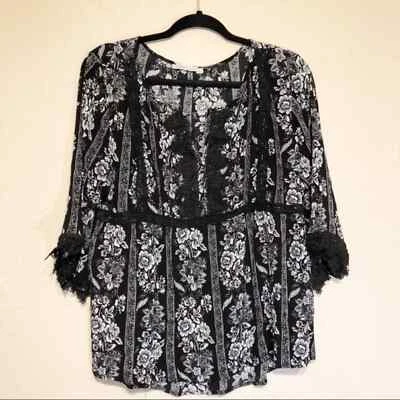 Hazel Womens Shirt Large Black White Peasant Top Lace Boho Blouse • £14.18