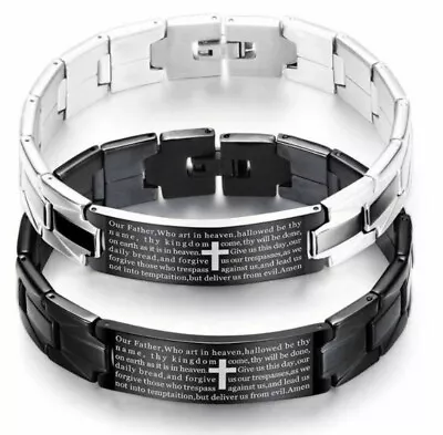 Lord's Prayer Black/Silver Wristband Stainless Steel Male Linked Cross Bracelet  • £11.53