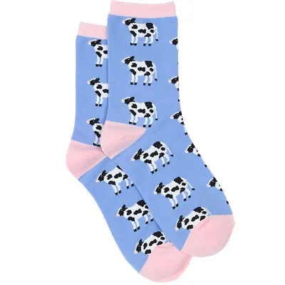 Womens BAMBOO Black White Cow Socks Blue With Pink Fits Most UK 3-6 NEW BNWT • £6.99