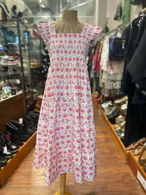 Hill House White & Pink Cotton Mermaid Print Maxi Ruffle Dress Size M • $90