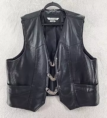 VTG Bikers Club Mens Black Leather Vest  Snaps Chains Size 52 • $42.95