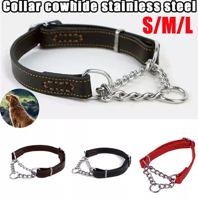 Half Check Choke Adjustable Leather Dog Collar With Chain 1 Inch Wide Padded • £15.55