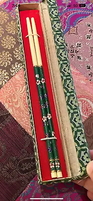 Vintage Cloisonne Chinese Chopsticks Floral Enamel With Box Green 8.5  • $21