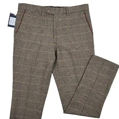 NWT Marc Darcy Pants Mens 34x32 Ted Tweed Check Trousers Brown Herringbone • $67.49