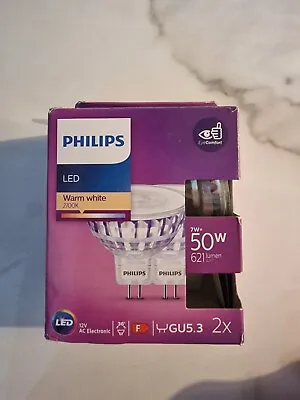 Philips LED MR16 7w 12v  36D 2700K Warm White Lamp Light Bulb - Pack Of 2 • £11.99