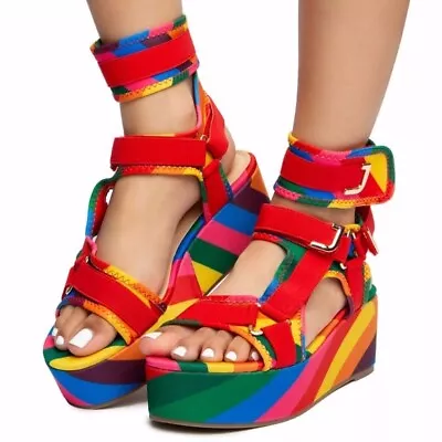 Pazzle MIA Rainbow Multicolored Strappy Platform Wedge Sandals Size 10 • $25