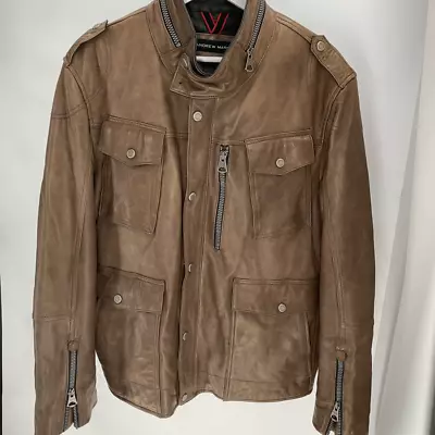 ANDREW MARC Genuine Leather Brown Moto Jacket Sz L Mens • $70