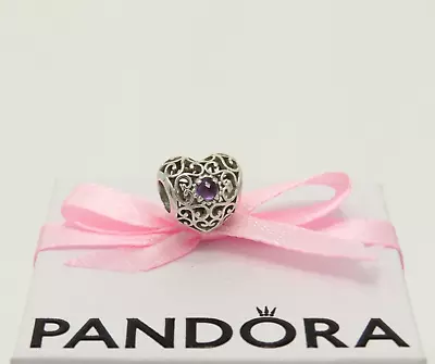 A55. Pandora February Amethyst Signature Heart Birthstone Charm S925 ALE • £5