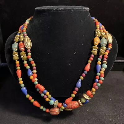 Vtg Costume Jewelry Multicolored Beaded 3-Strand Necklace 24” • $14.99