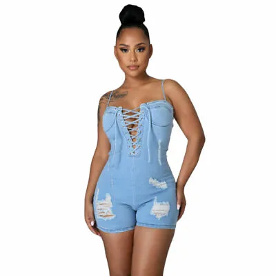 Women's Suspender Sexy Backless Denim Jumpsuits Lace Up Jeans Shorts Rompers • $35.97