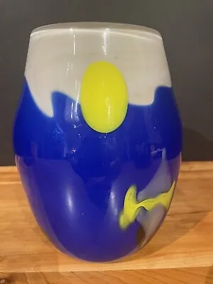 VITRIX Hot Glass Studio Art Glass Sculptural Vase Blue Yellow White Signed Dated • $74.99