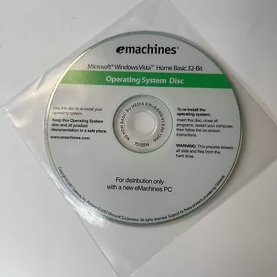 2007 EMachines Operating System Disc Microsoft Windows Vista Home Basic 32-Bit • $15.99