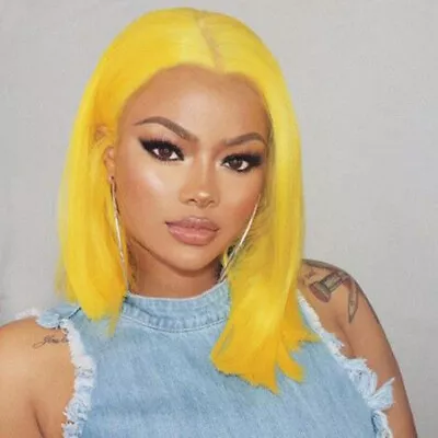 Short Bob 14inch Yellow Straight Lace Front Wig Heat Safe Cosplay Party Natural • $26.59