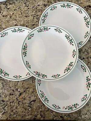 4 Corelle Holly Days 10.25” Dinner Plates Set Christmas Dish Vintage White Vein • $34.99