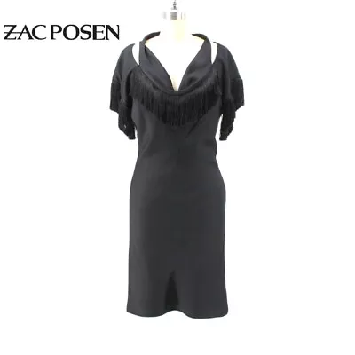 Zac Posen Archive Dress Black Hammered Silk Fringe Off The Shoulder Halter Mini • $55