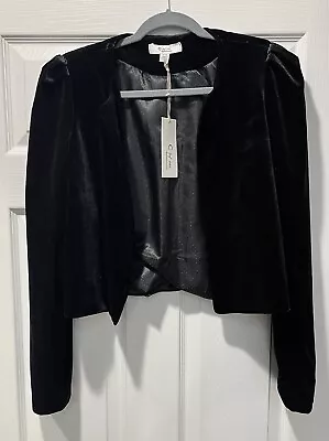 C By One Black Velvet Open Front Cropped Shrug Blazer Jacket Medium Puff Sleeves • $30