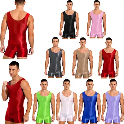 Mens Glossy Stretchy Tank Leotard Jumpsuit Bodysuits Mankini Exercise Swimming • £16.91