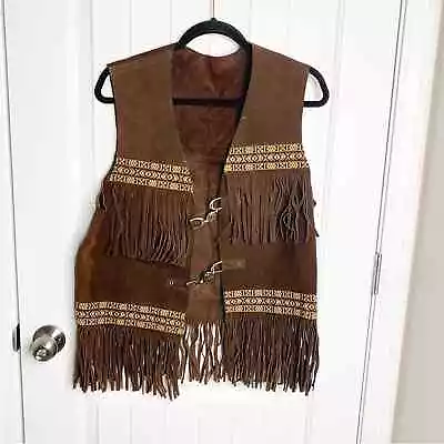 Vintage 60s Union Made Brown Leather Fringe Suede Vest Jacket Southwestern Large • $89