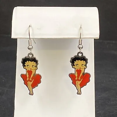 Vintage Betty Boop Marilyn Monroe Pose Enamel Dangle Earrings Red Dress Cartoon • $15.29