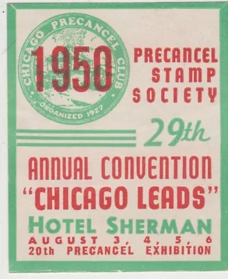 Precanel Stamp Club 29th Annual Convention Chicago USA 1950 Cinderella Label • $10