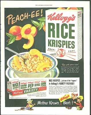 Peach-ee! Kellogg's Rice Krispies Snap Crackle Pop Variety Pack Ad 1949 • $9.99