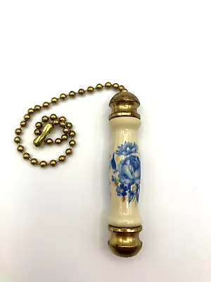 Vtg Solid Brass/Gold  Porcelain Hand P'nted Floral Ceiling Light Fan Pull Chain • $24.95