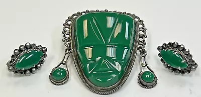 Vintage Mexico 925 Green Onyx Carved Mask Pin & Screw On Earrings Set • $24.99