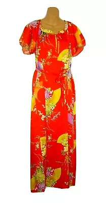 Malama Sophisticates Red Maxi Floral Round Neck SSlve Hawaii Vntg Dress Size 12 • £33.78