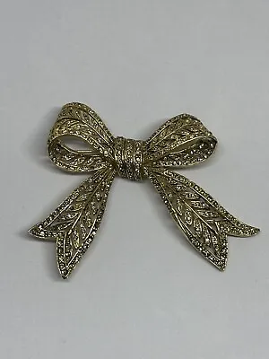 Vintage Gold Tone Ribbon Bow With Rhinestone Accents 3.5 Inch Jewelry Brooch Pin • $24.99