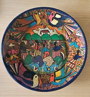 Vtg Mexico Folk Art Terracotta Wall Hanging Story Plate Hand Painted Lacquer 7.5 • $25