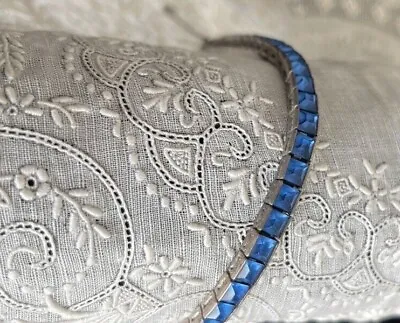 $39.99 • Buy Antique Deco Sterling Channel Set Sapphire Blue Paste Rhinestone Tennis Bracelet